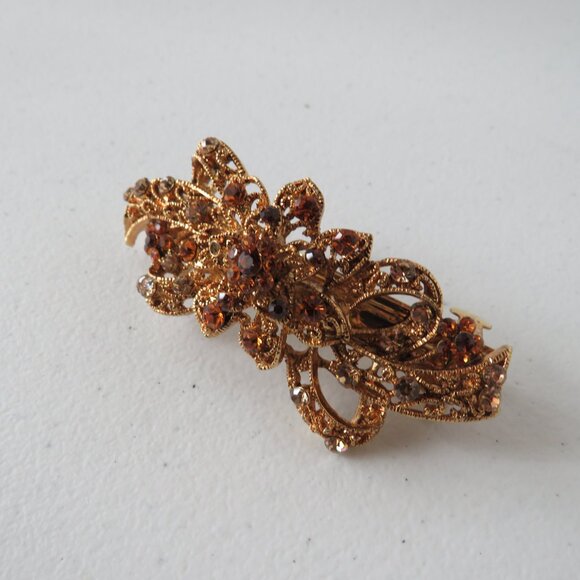 Women’s Flower Bow Gold Tone Metal Crystals Hair Barrette Hair Clip Accessory - Picture 2 of 9
